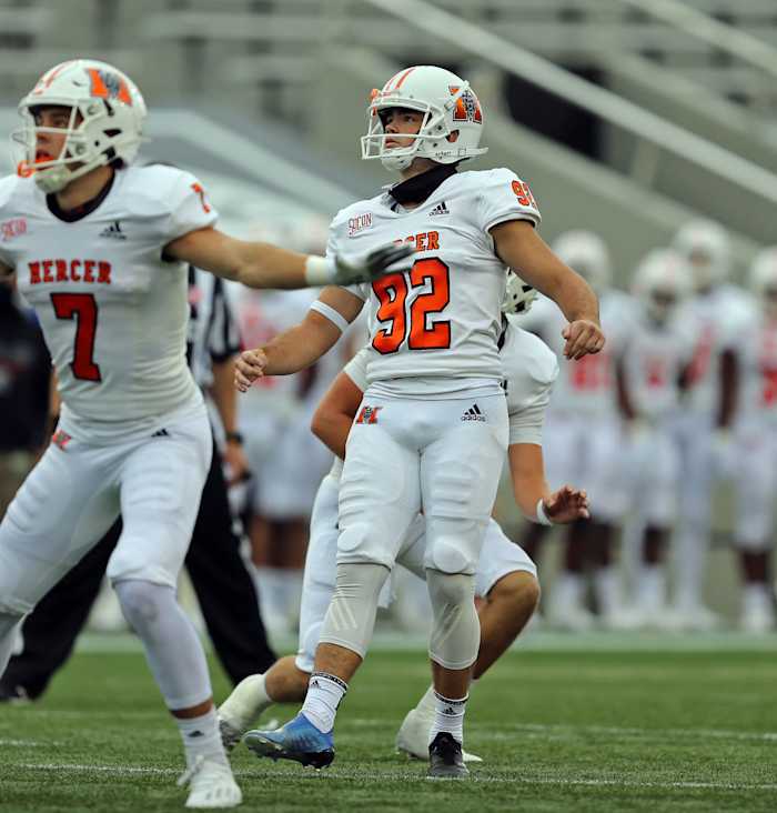 Oct 24, 2020; West Point, New York, USA; Mercer Bears kicker Caleb Dowden (92) kicks a field goal against the Army Black Knights during the first half at Michie Stadium. Mandatory Credit: Danny Wild-USA TODAY Sports